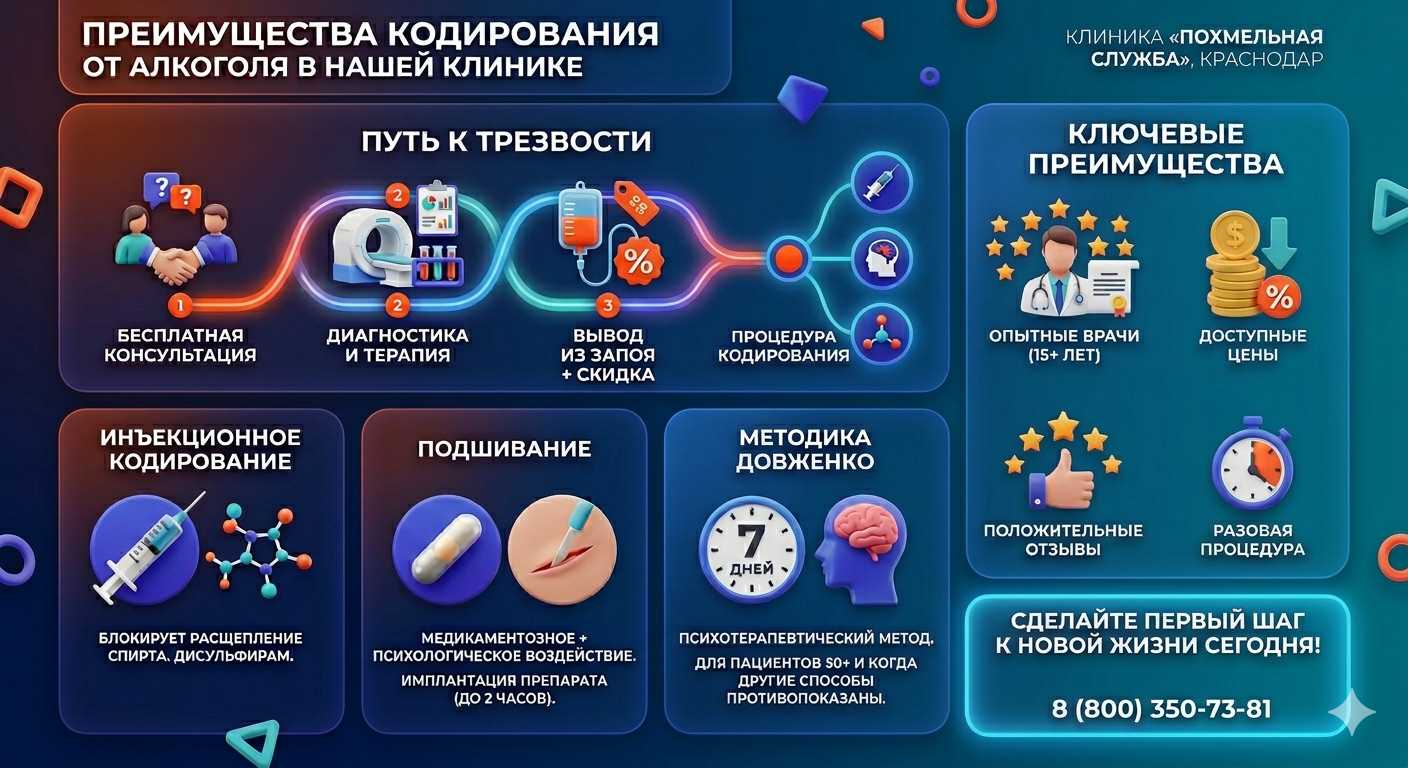 Инфографика о методах кодирования от алкоголя в Рошале: инъекции, подшивание, метод Довженко. Преимущества клиники и этапы лечения.