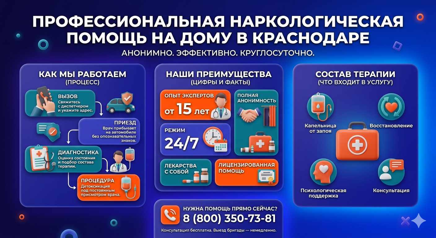 Инфографика о принципах лечения алкоголизма на дому в Рошале: этапы вызова нарколога, преимущества анонимной детоксикации и состав медицинской помощи.
